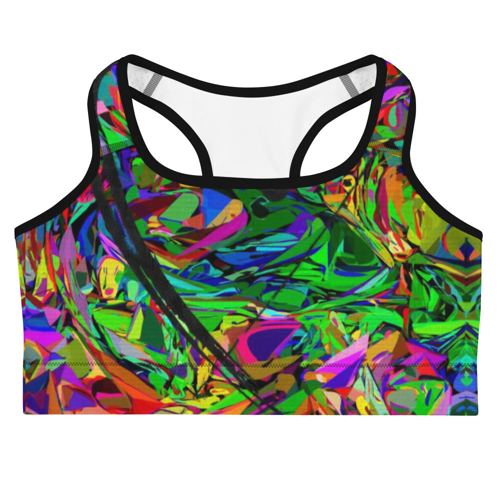 Neon Mythos abstract sports bra with bold neon print for women by Hipyfi – moisture-wicking, racerback activewear. black-front-2