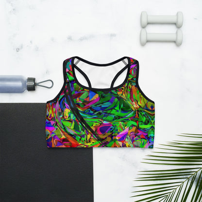 Neon Mythos abstract sports bra with bold neon print for women by Hipyfi – moisture-wicking, racerback activewear. black-front
