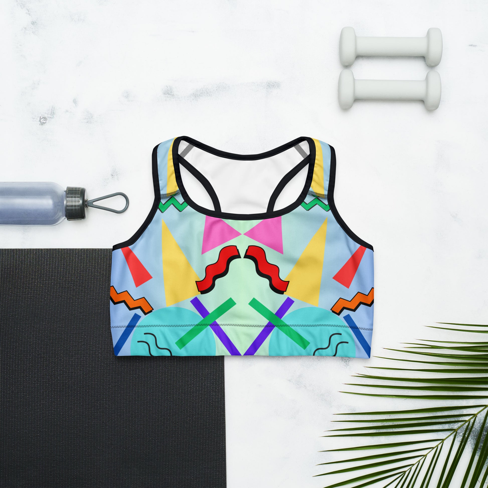 Hipyfi 80s Retro Sports Bra with Memphis pattern – colorful geometric activewear for women. Front