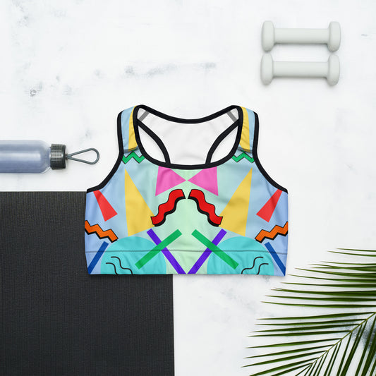 Hipyfi 80s Retro Sports Bra with Memphis pattern – colorful geometric activewear for women. Front