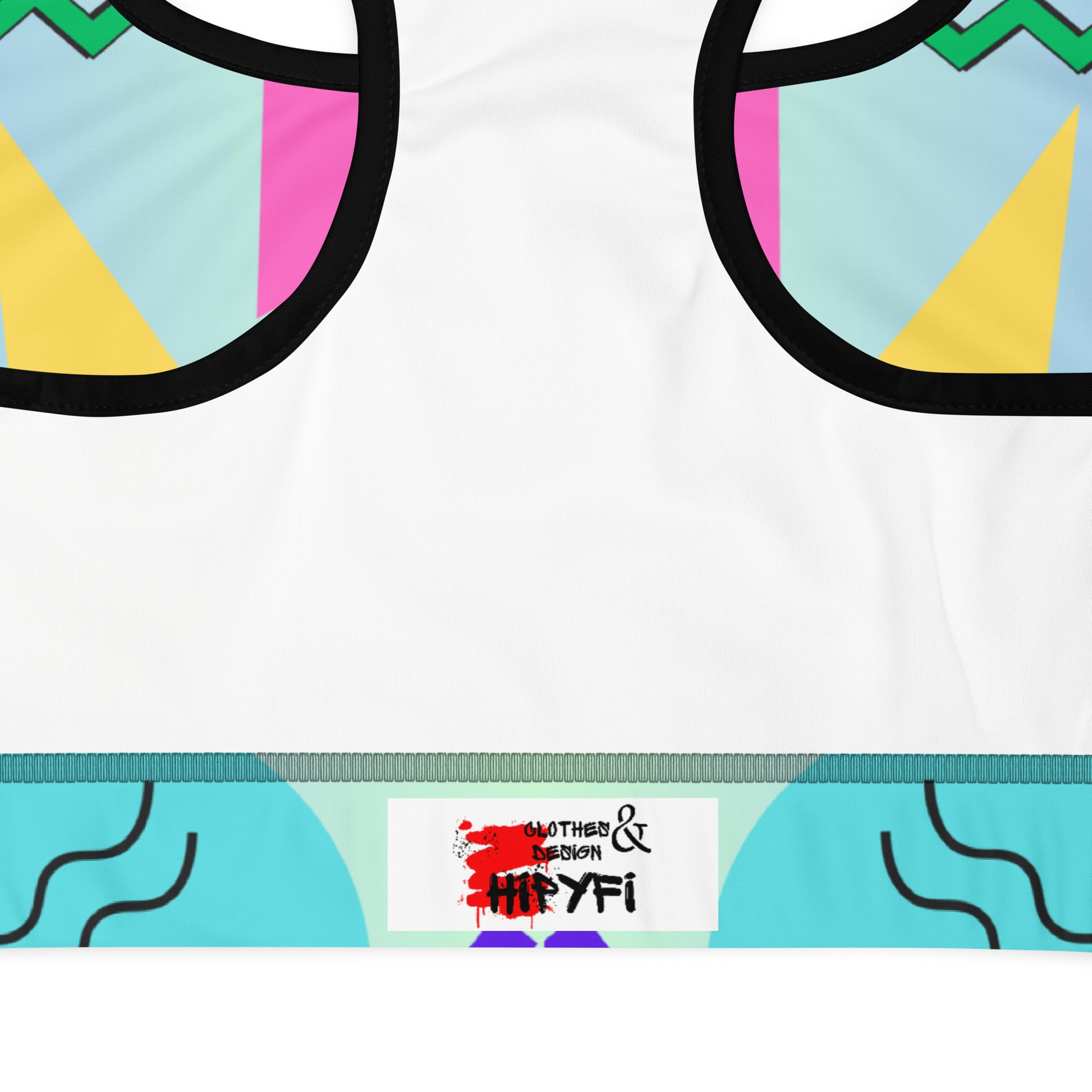 Hipyfi 80s Retro Sports Bra with Memphis pattern – colorful geometric activewear for women. product-details