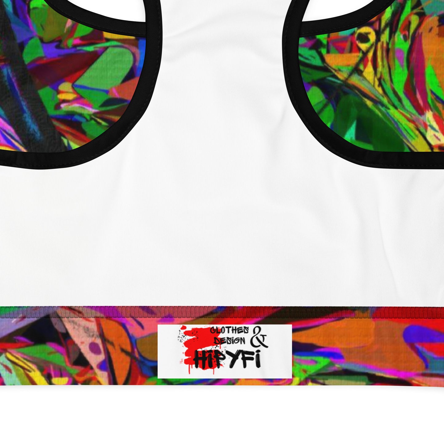 Neon Mythos abstract sports bra with bold neon print for women by Hipyfi – moisture-wicking, racerback activewear. product-details