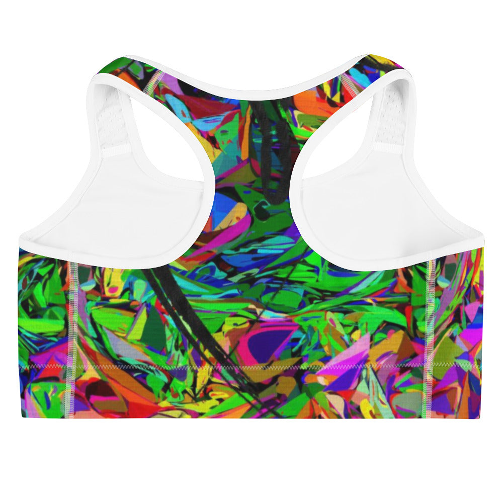 Neon Mythos abstract sports bra with bold neon print for women by Hipyfi – moisture-wicking, racerback activewear. white-Back-2