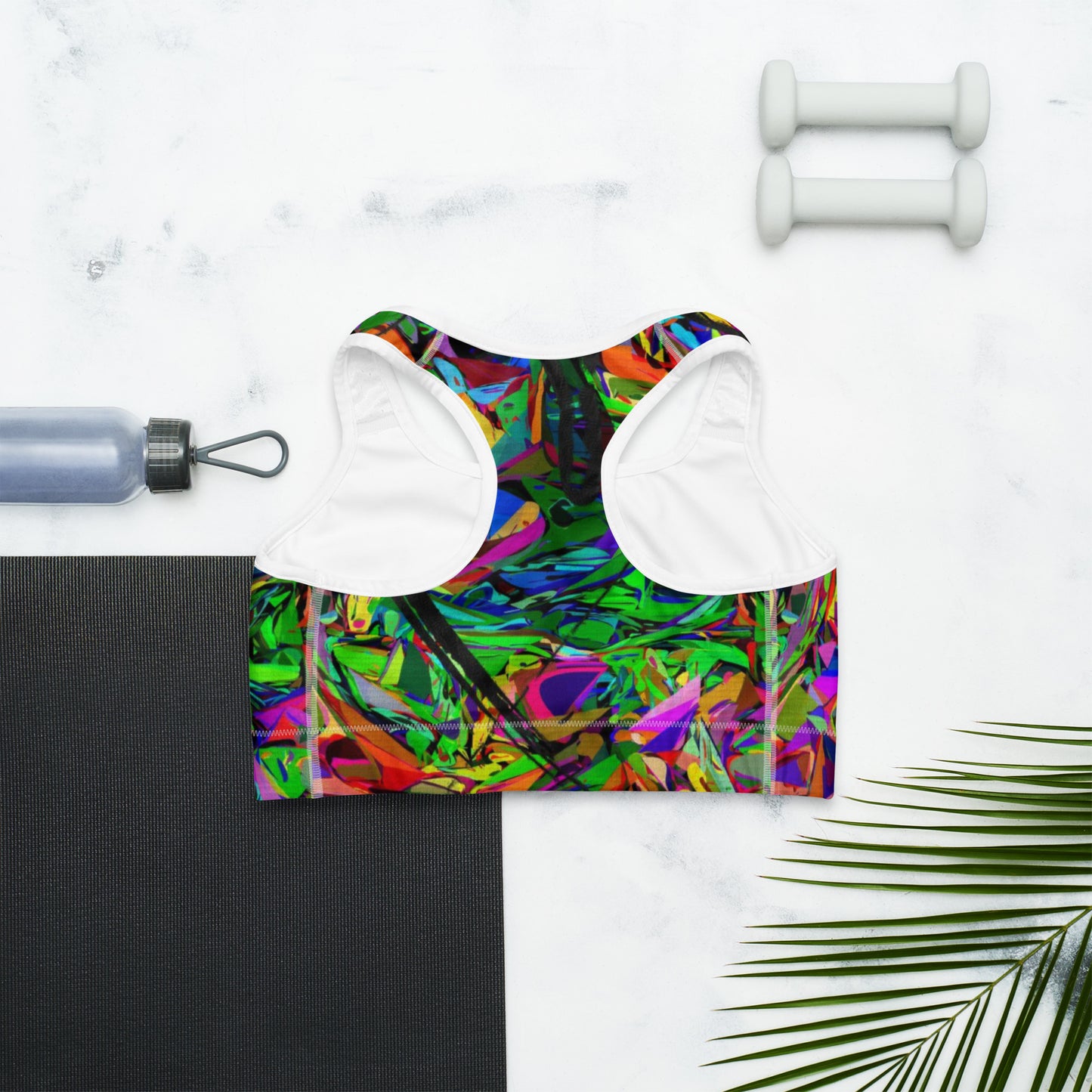 Neon Mythos abstract sports bra with bold neon print for women by Hipyfi – moisture-wicking, racerback activewear. white-Back