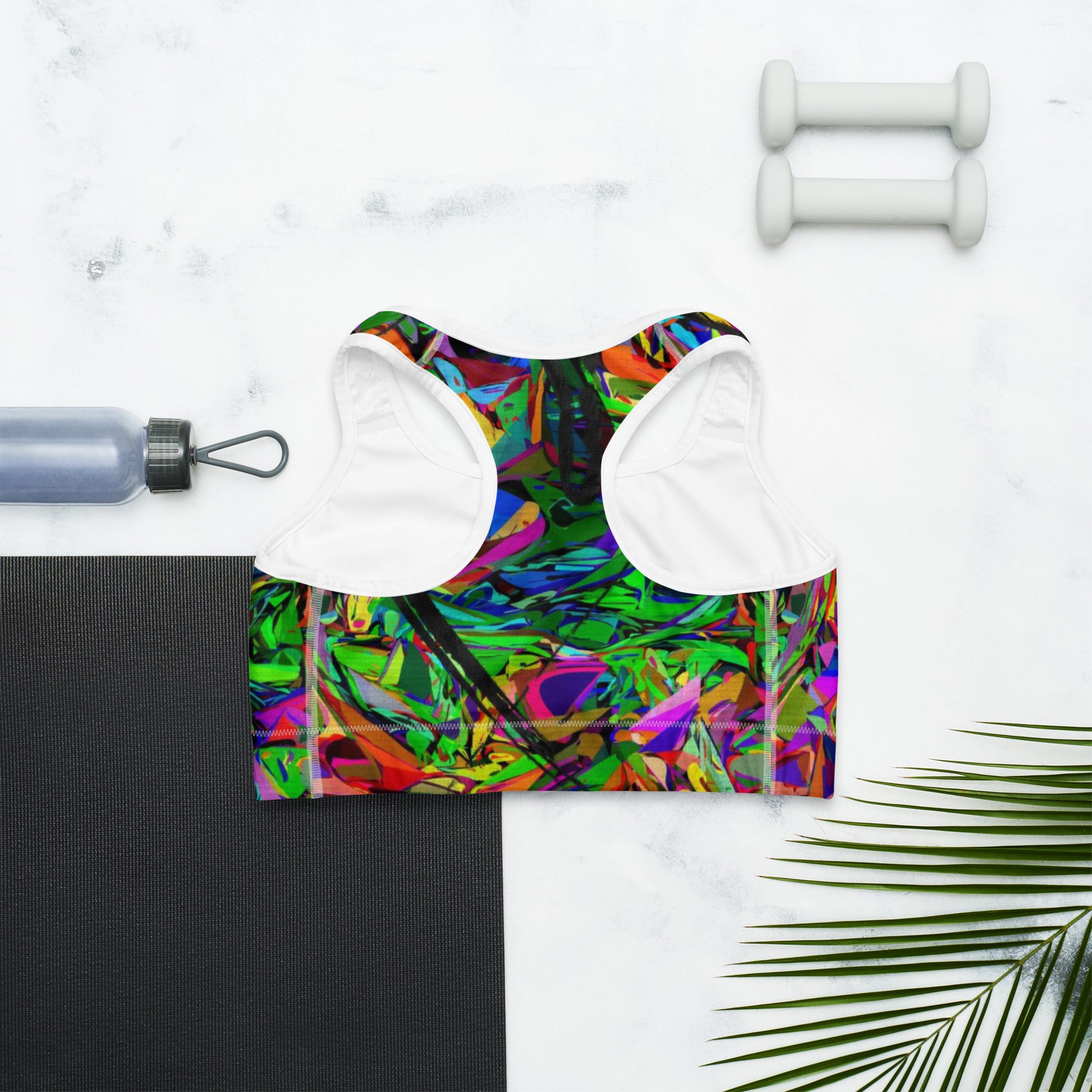 Neon Mythos abstract sports bra with bold neon print for women by Hipyfi – moisture-wicking, racerback activewear. white-Back