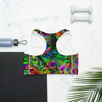 Neon Mythos abstract sports bra with bold neon print for women by Hipyfi – moisture-wicking, racerback activewear. white-Back
