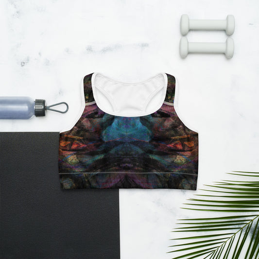 Chromatic Dreams Sports Bra, featuring a scoop neckline, racerback design, and moisture-wicking fabric for medium-support workouts. front