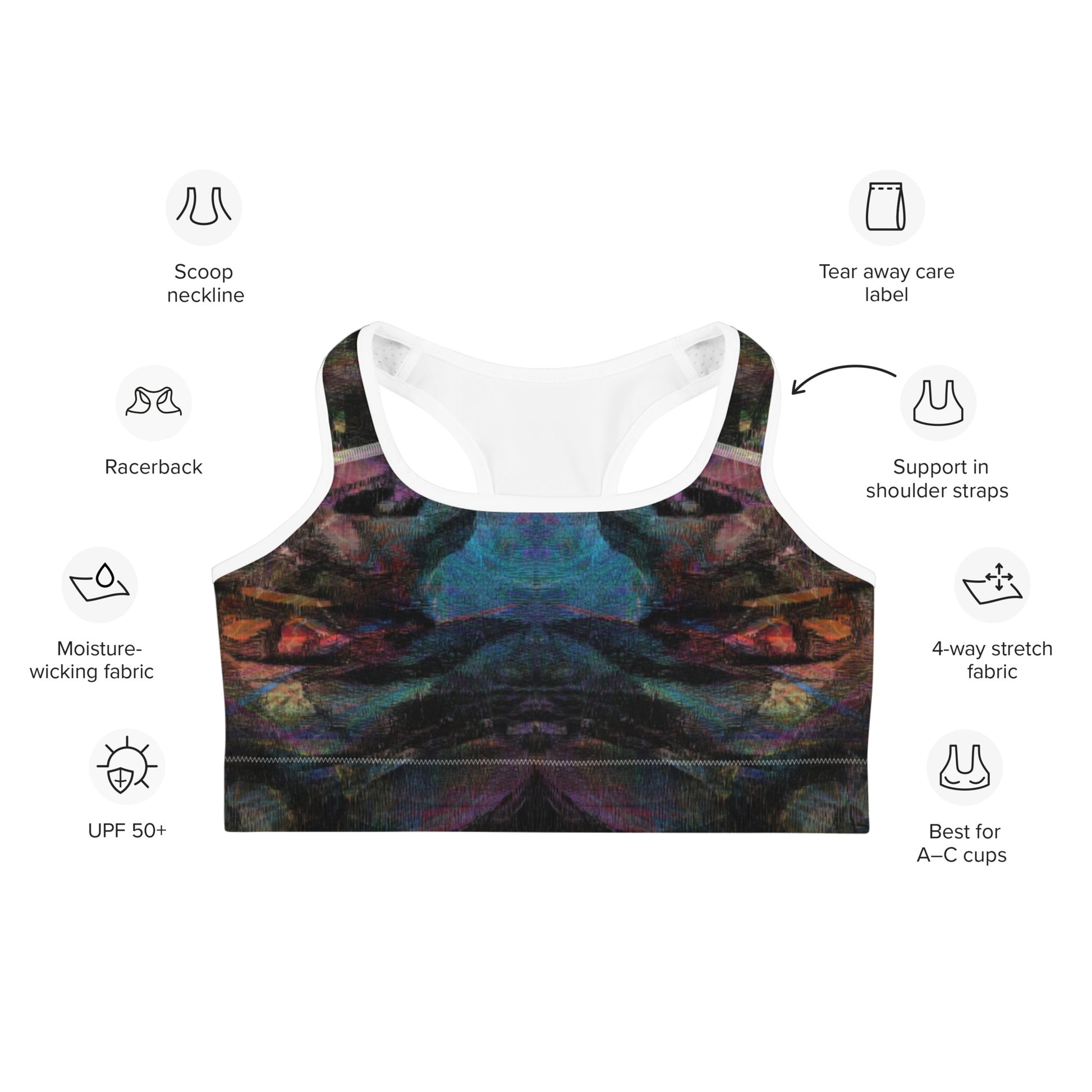 Chromatic Dreams Sports Bra, featuring a scoop neckline, racerback design, and moisture-wicking fabric for medium-support workouts. product-info
