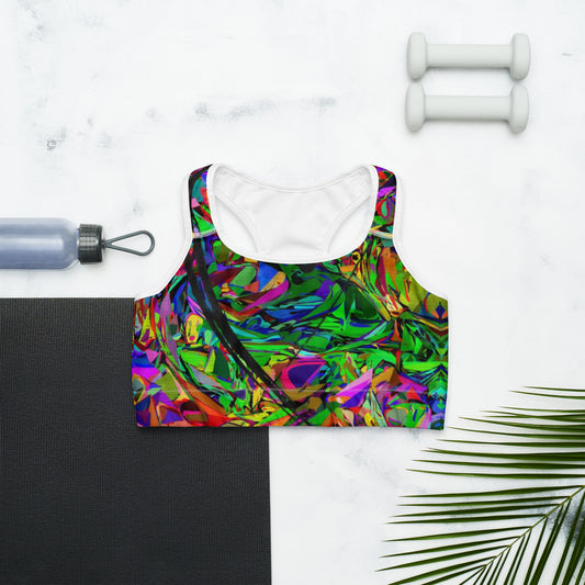 Neon Mythos abstract sports bra with bold neon print for women by Hipyfi – moisture-wicking, racerback activewear. white-front