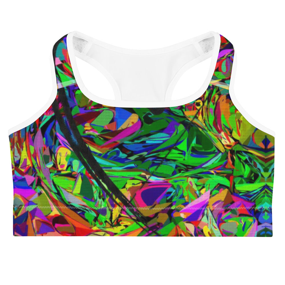 Neon Mythos abstract sports bra with bold neon print for women by Hipyfi – moisture-wicking, racerback activewear. white-front-2