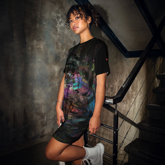 Hipyfi Chromatic Dreams T-Shirt Dress’s abstract graphic print, for the Bold & Conscious Woman. front
