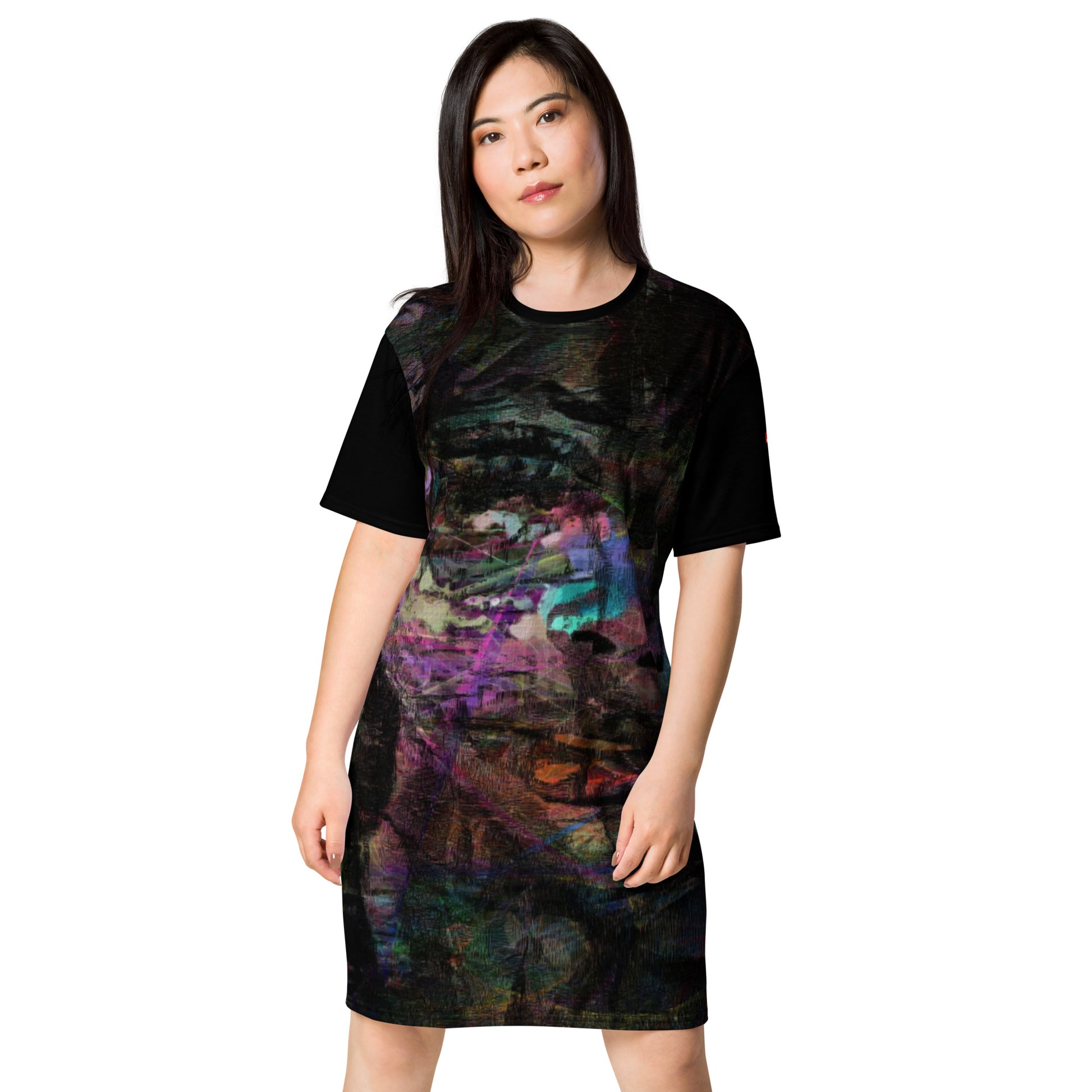 Hipyfi Chromatic Dreams T-Shirt Dress’s abstract graphic print, for the Bold & Conscious Woman. front-3