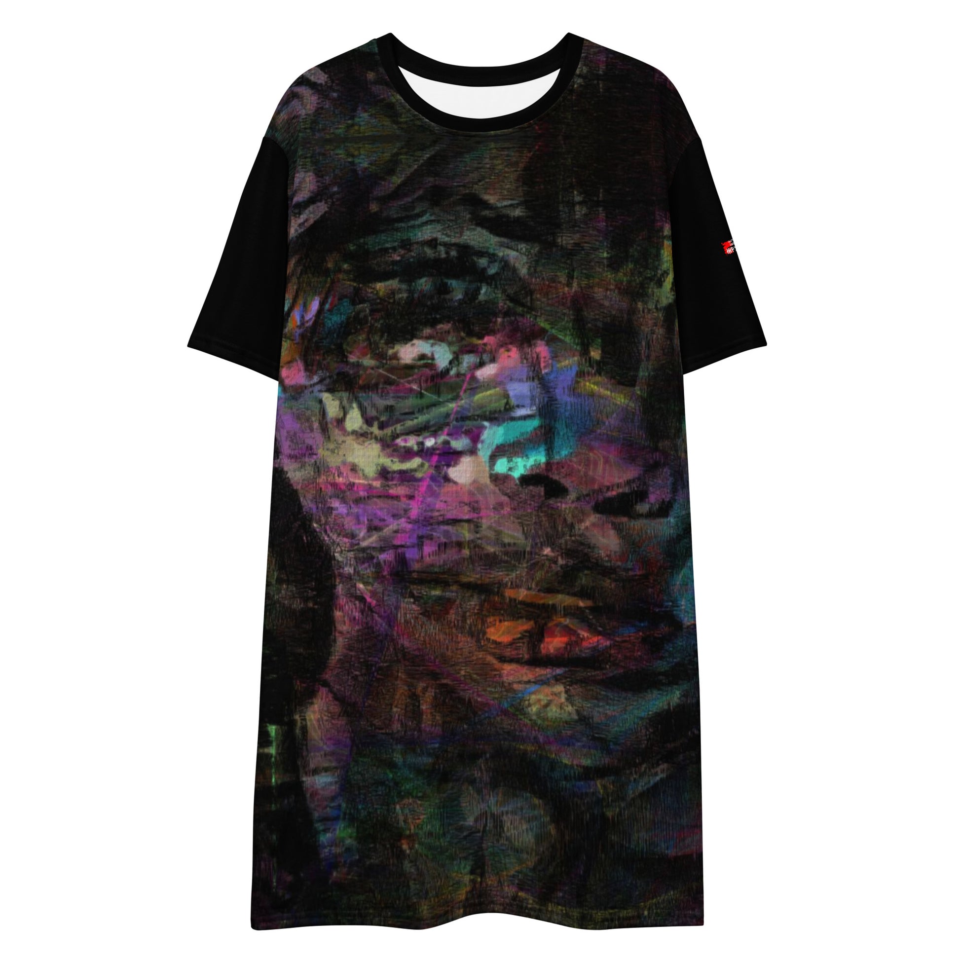 Hipyfi Chromatic Dreams T-Shirt Dress’s abstract graphic print, for the Bold & Conscious Woman. front-4