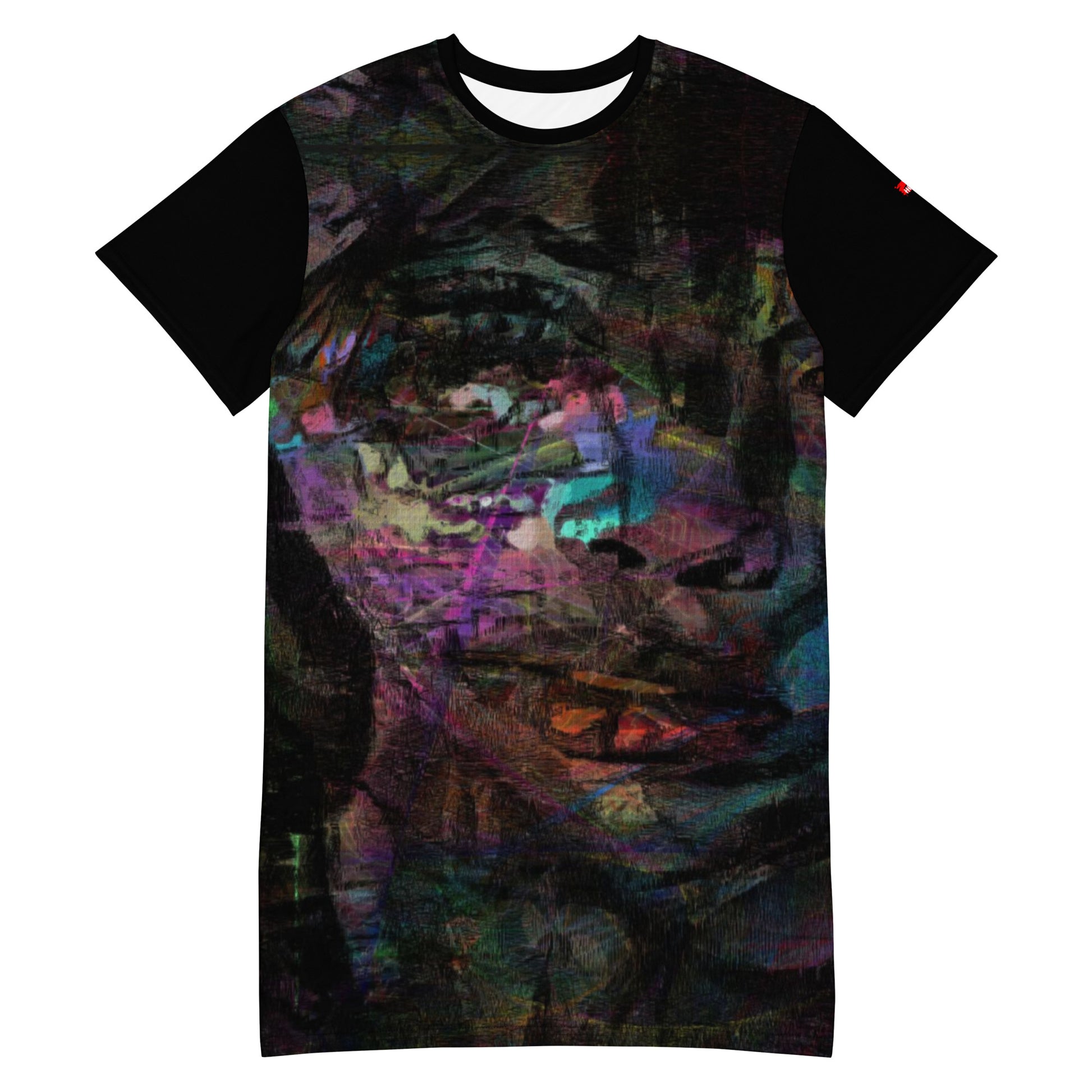 Hipyfi Chromatic Dreams T-Shirt Dress’s abstract graphic print, for the Bold & Conscious Woman. front-5