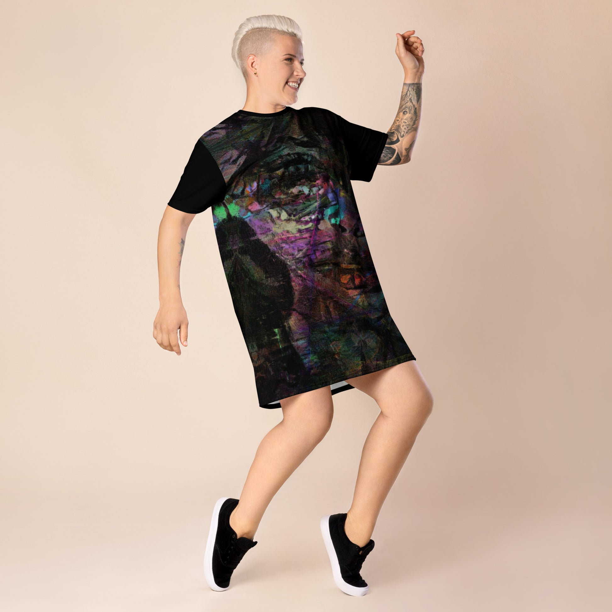 Hipyfi Chromatic Dreams T-Shirt Dress’s abstract graphic print, for the Bold & Conscious Woman. front -2-2