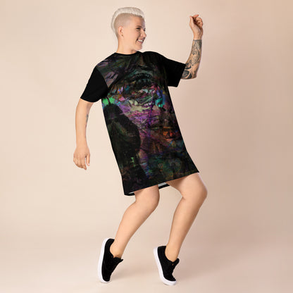 Hipyfi Chromatic Dreams T-Shirt Dress’s abstract graphic print, for the Bold & Conscious Woman. front -2-2