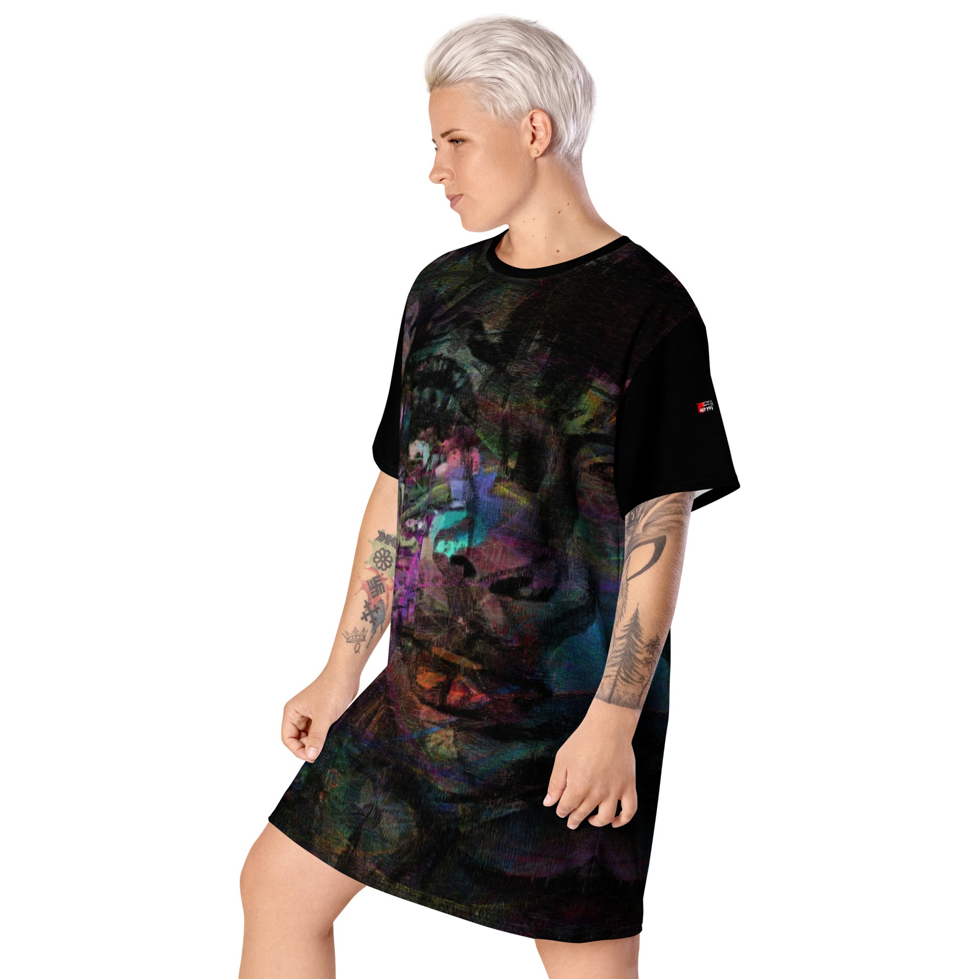 Hipyfi Chromatic Dreams T-Shirt Dress’s abstract graphic print, for the Bold & Conscious Woman. left-front-2