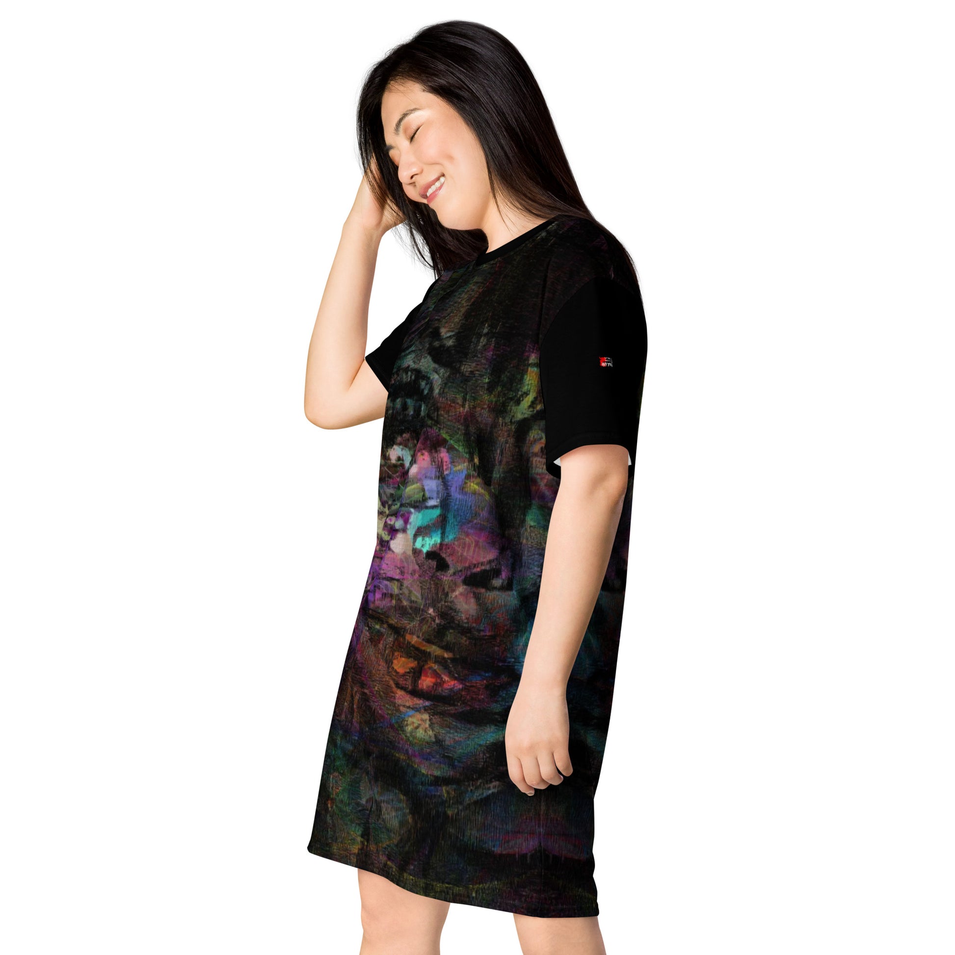 Hipyfi Chromatic Dreams T-Shirt Dress’s abstract graphic print, for the Bold & Conscious Woman. left-front-3