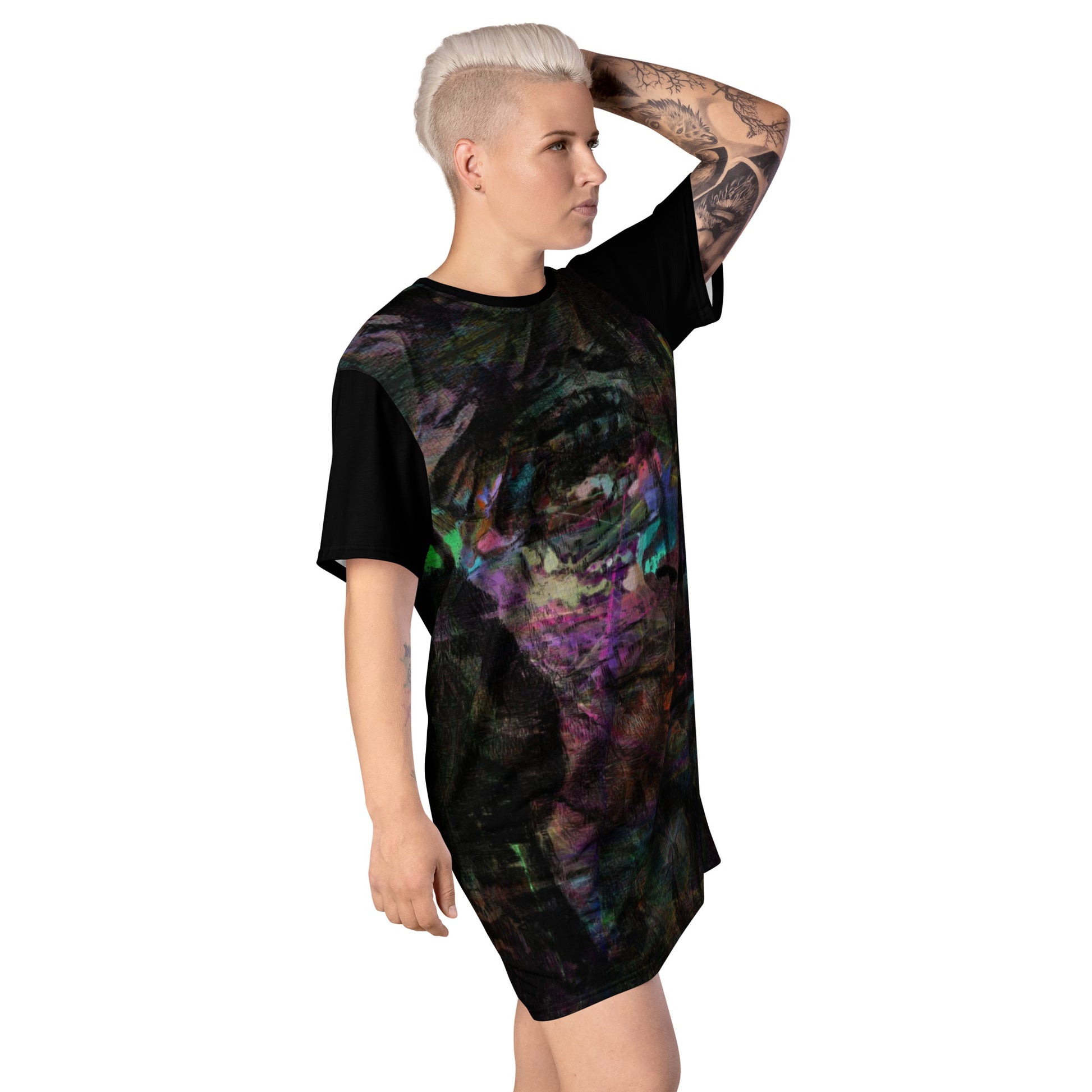 Hipyfi Chromatic Dreams T-Shirt Dress’s abstract graphic print, for the Bold & Conscious Woman. right-front-2
