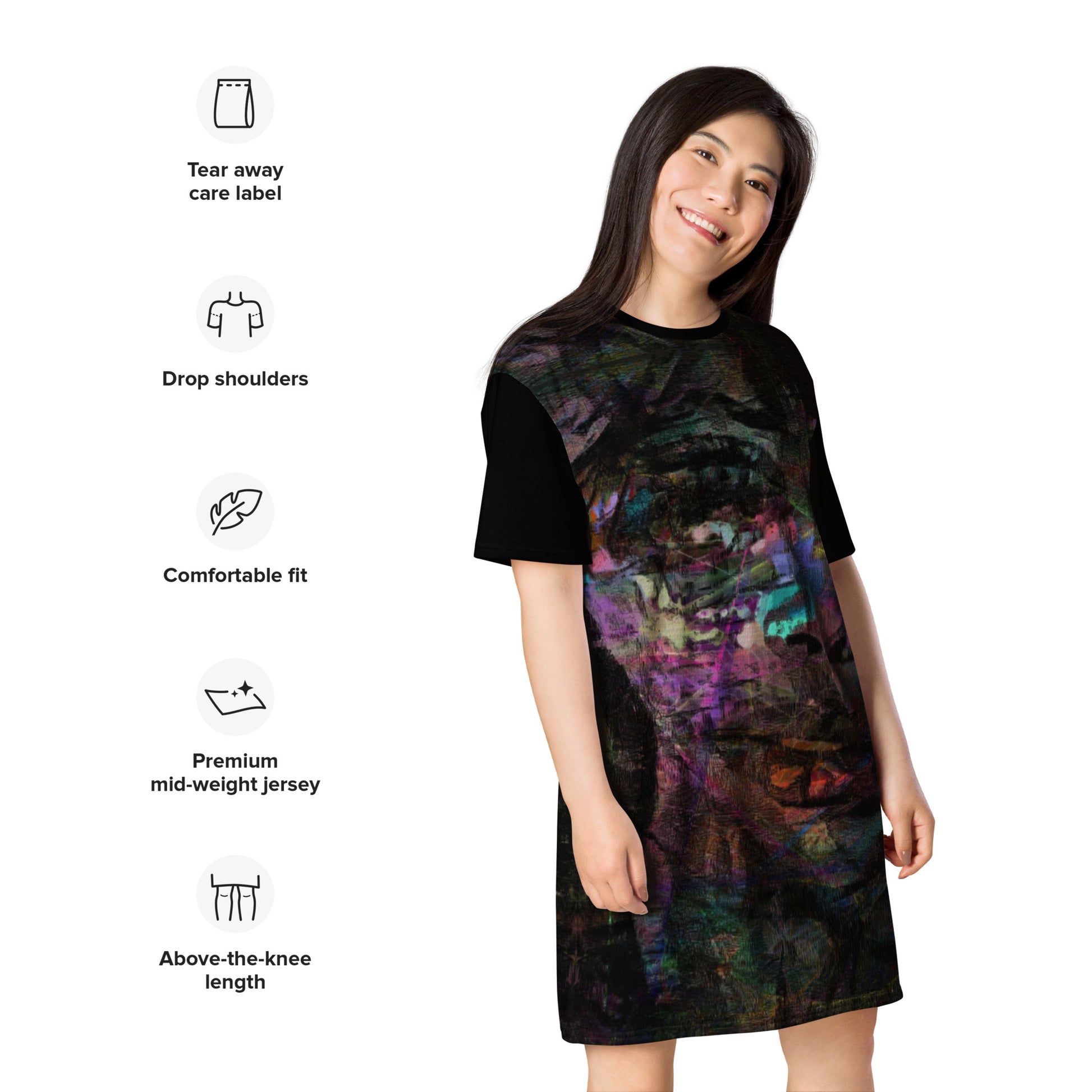 Hipyfi Chromatic Dreams T-Shirt Dress’s abstract graphic print, for the Bold & Conscious Woman. product-info