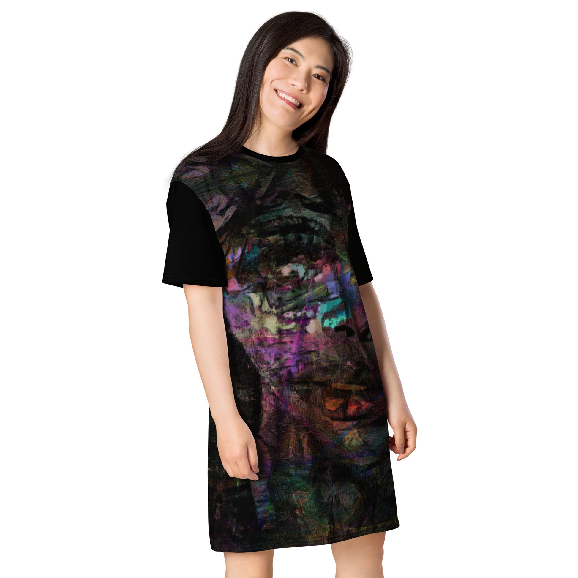 Hipyfi Chromatic Dreams T-Shirt Dress’s abstract graphic print, for the Bold & Conscious Woman. right-front-3