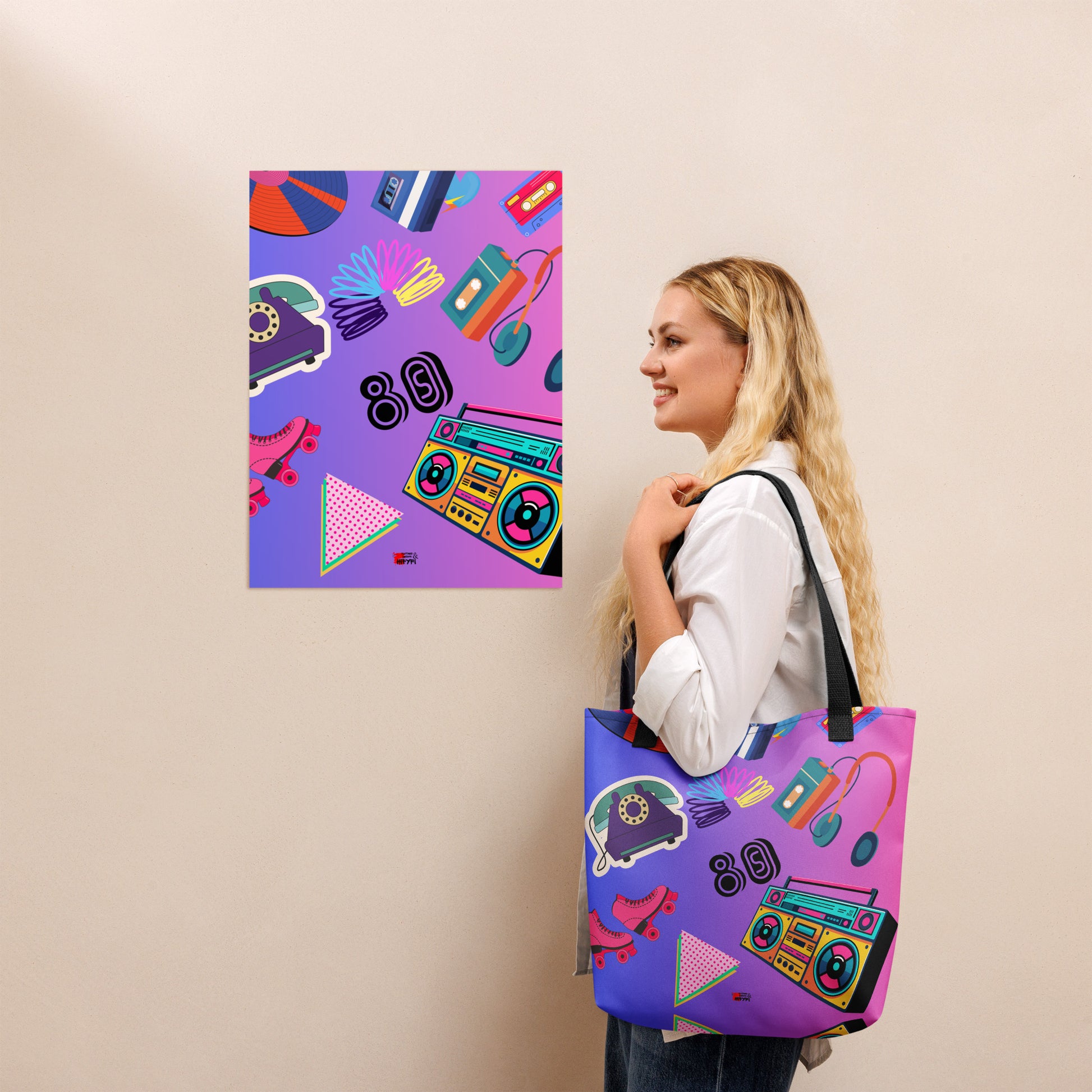 Hipyfi 80s Retro Neon Pop Tote Bag featuring vibrant geometric design and cassette tape icons, eco-friendly, with durable cotton denim handles. Black-front