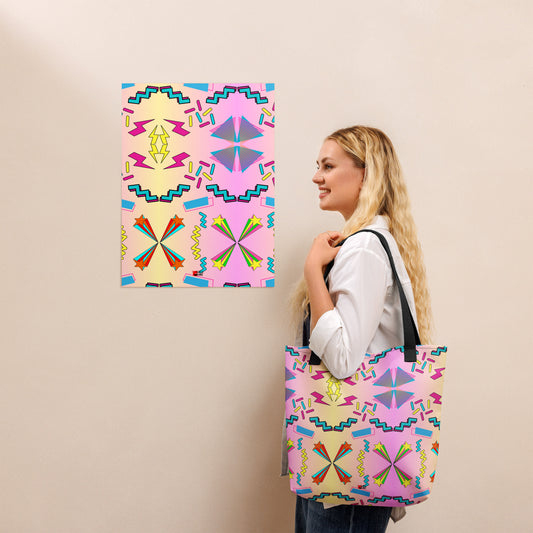Hipyfi Memphis Style 80s Tote Bag - Geometric Retro Design with vibrant pastel gradient and bold abstract patterns Black-Front