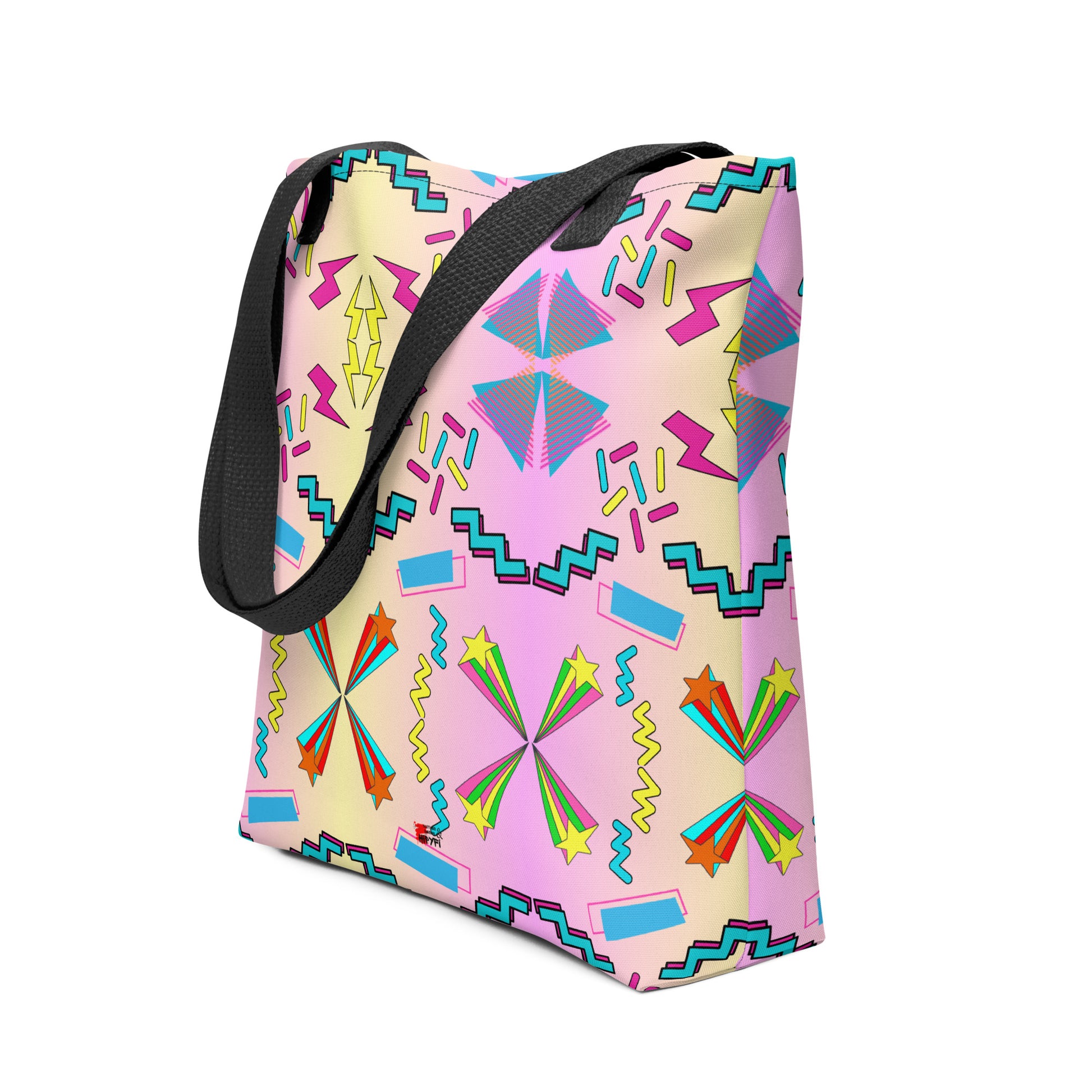 Hipyfi Memphis Style 80s Tote Bag - Geometric Retro Design with vibrant pastel gradient and bold abstract patterns Black-Front-4