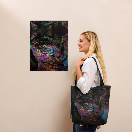 Hipyfi Chromatic Dreams Tote Bag: Vibrant abstract art unisex tote with bold brushstrokes in purple, blue, and orange. Sustainably made, gender-neutral design for everyday style. Black front