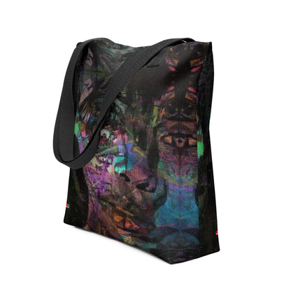 Hipyfi Chromatic Dreams Tote Bag: Vibrant abstract art unisex tote with bold brushstrokes in purple, blue, and orange. Sustainably made, gender-neutral design for everyday style. Black front-4