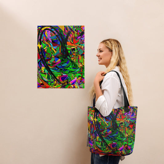 Neon Mythos abstract canvas tote bag with vibrant street art print by Hipyfi Clothes & Design, unisex and eco-friendly. Black-front