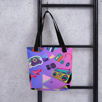 Hipyfi 80s Retro Neon Pop Tote Bag featuring vibrant geometric design and cassette tape icons, eco-friendly, with durable cotton denim handles. Black-front-3