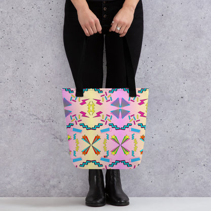 Hipyfi Memphis Style 80s Tote Bag - Geometric Retro Design with vibrant pastel gradient and bold abstract patterns Black-Front-3