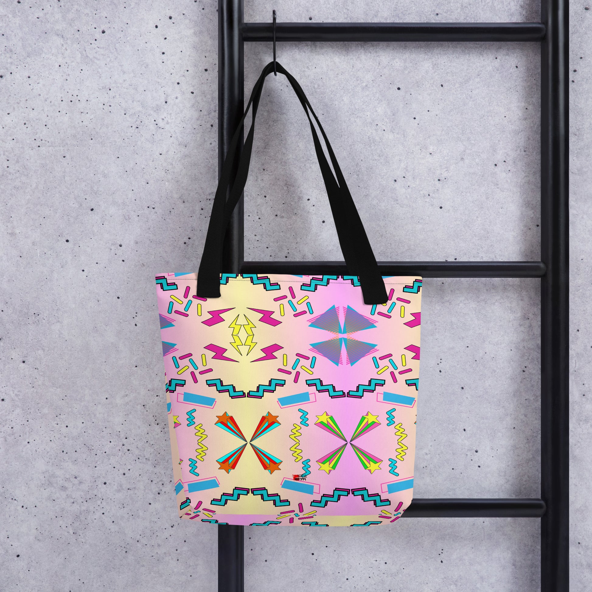 Hipyfi Memphis Style 80s Tote Bag - Geometric Retro Design with vibrant pastel gradient and bold abstract patterns Black-Front-2