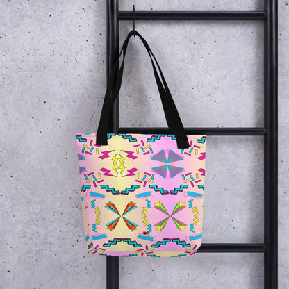 Hipyfi Memphis Style 80s Tote Bag - Geometric Retro Design with vibrant pastel gradient and bold abstract patterns Black-Front-2