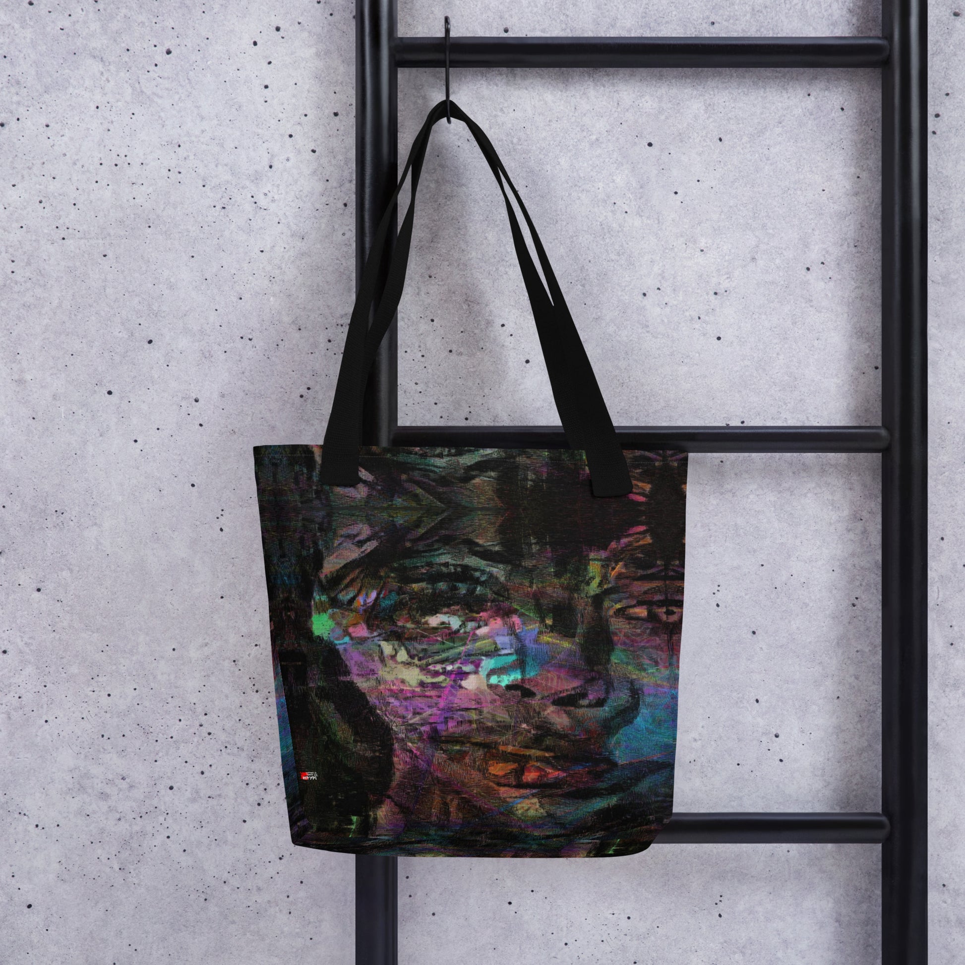 Hipyfi Chromatic Dreams Tote Bag: Vibrant abstract art unisex tote with bold brushstrokes in purple, blue, and orange. Sustainably made, gender-neutral design for everyday style. Black front-2
