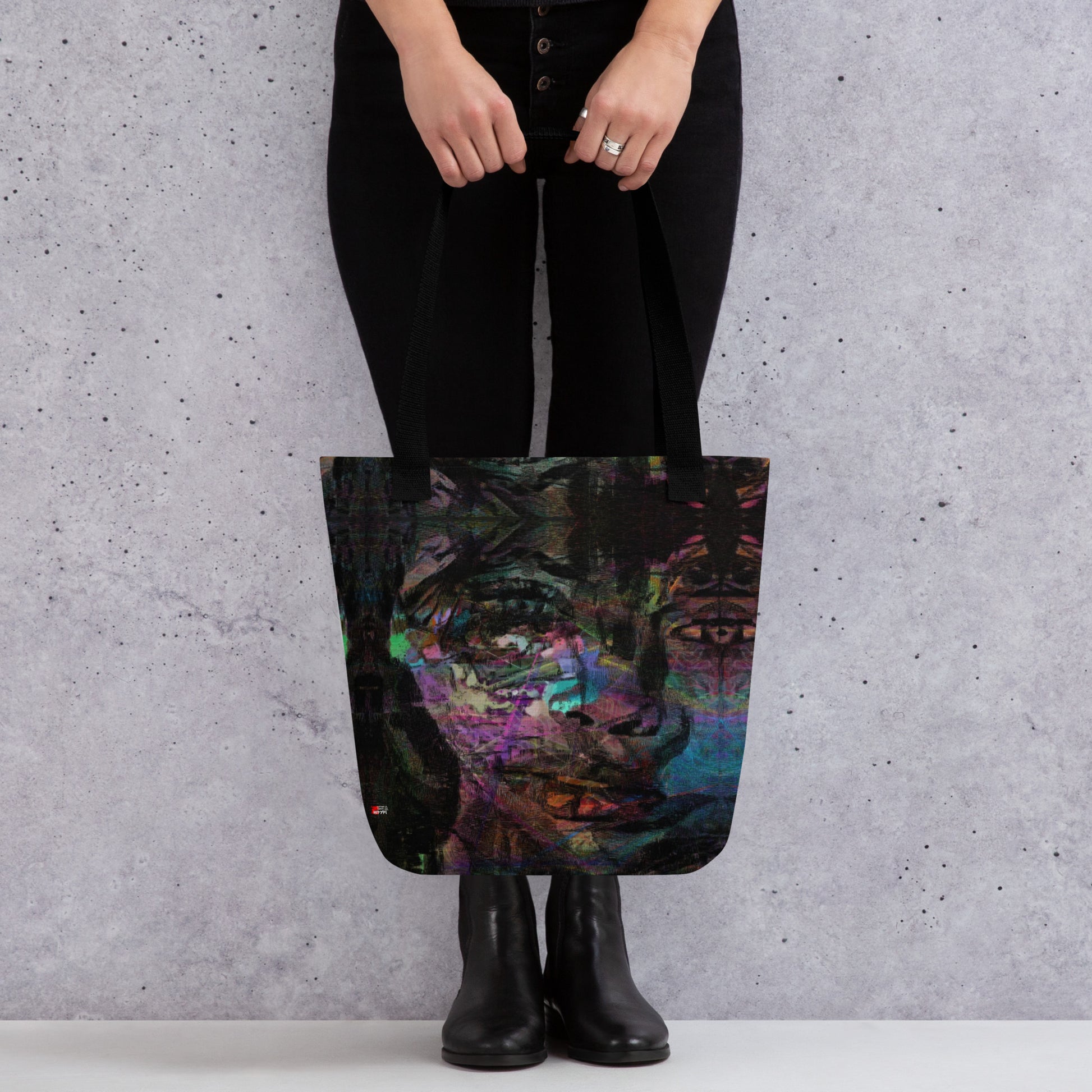 Hipyfi Chromatic Dreams Tote Bag: Vibrant abstract art unisex tote with bold brushstrokes in purple, blue, and orange. Sustainably made, gender-neutral design for everyday style. Black front-3
