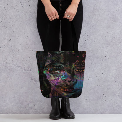 Hipyfi Chromatic Dreams Tote Bag: Vibrant abstract art unisex tote with bold brushstrokes in purple, blue, and orange. Sustainably made, gender-neutral design for everyday style. Black front-3