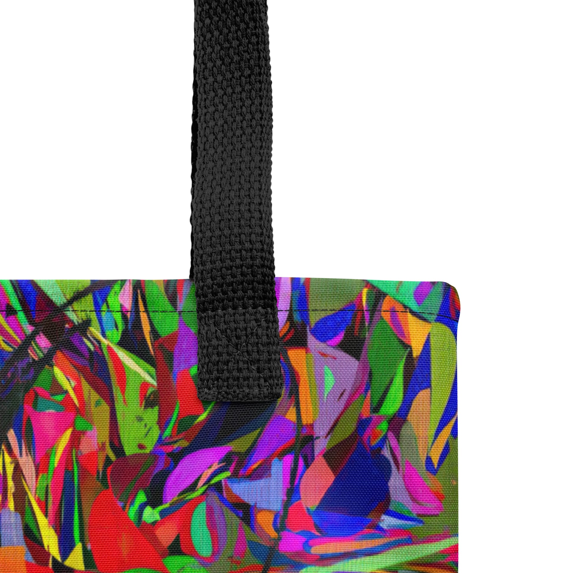 Neon Mythos abstract canvas tote bag with vibrant street art print by Hipyfi Clothes & Design, unisex and eco-friendly. Black-product-details