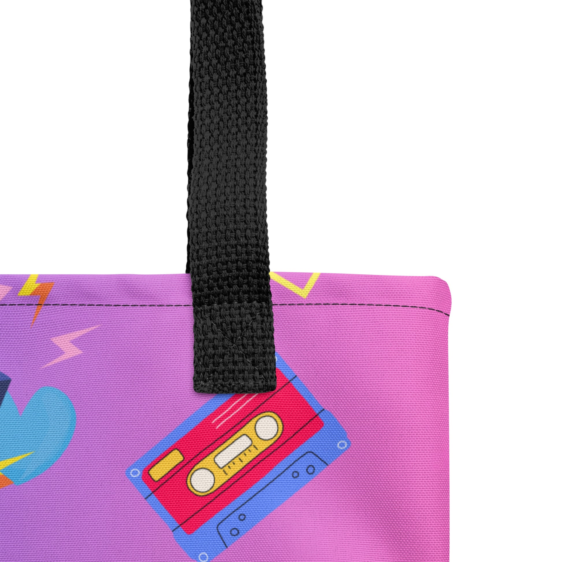 Hipyfi 80s Retro Neon Pop Tote Bag featuring vibrant geometric design and cassette tape icons, eco-friendly, with durable cotton denim handles. black-15x15-product-details