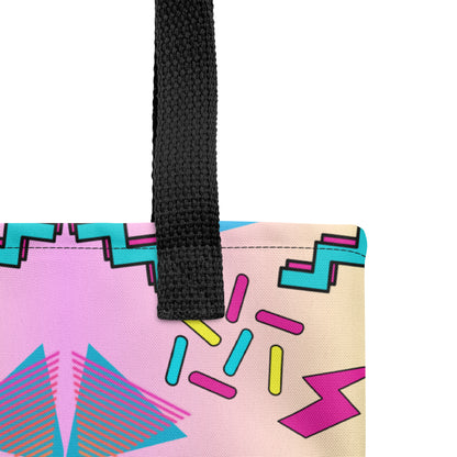 Hipyfi Memphis Style 80s Tote Bag - Geometric Retro Design with vibrant pastel gradient and bold abstract patterns Black-product-details