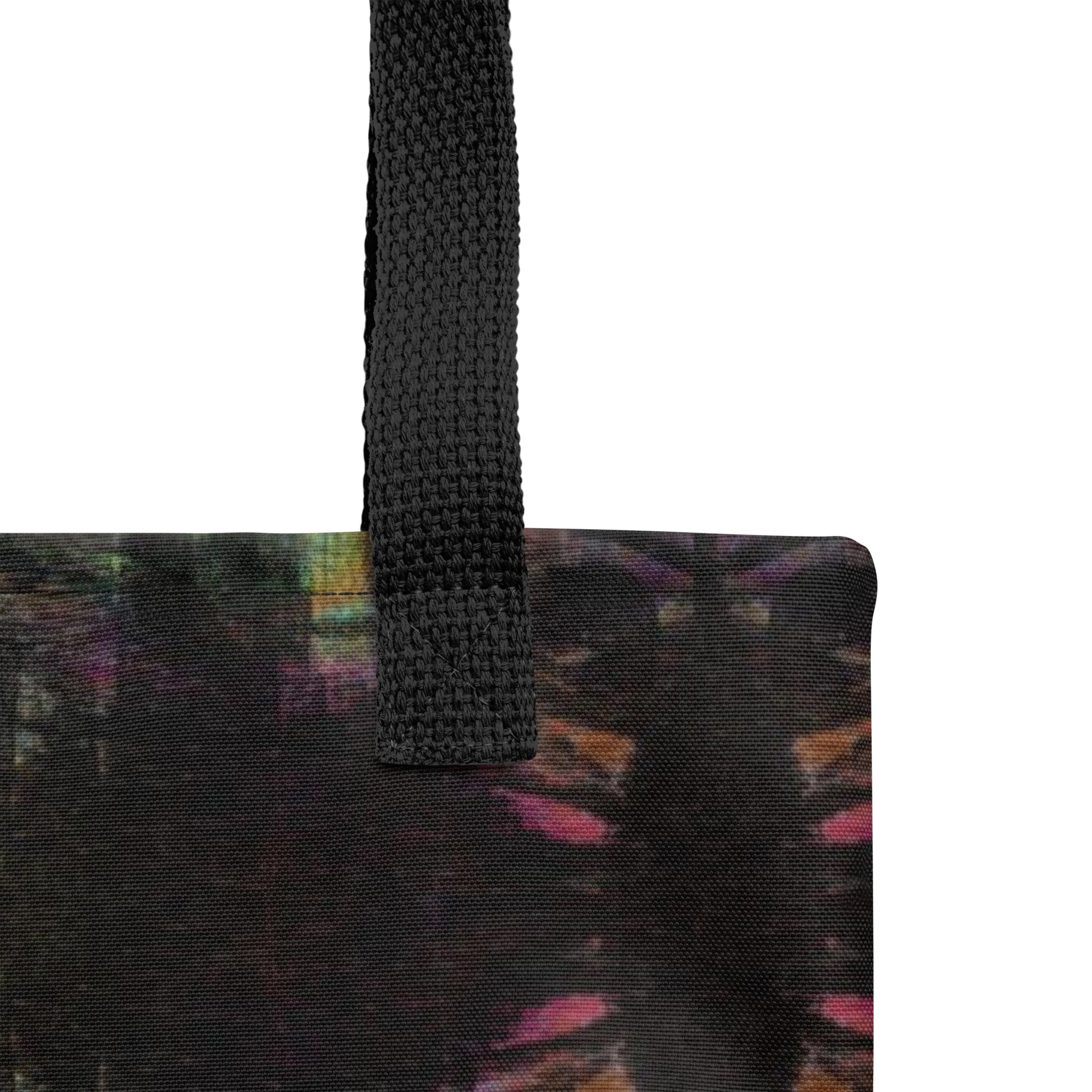Hipyfi Chromatic Dreams Tote Bag: Vibrant abstract art unisex tote with bold brushstrokes in purple, blue, and orange. Sustainably made, gender-neutral design for everyday style. Black product-details