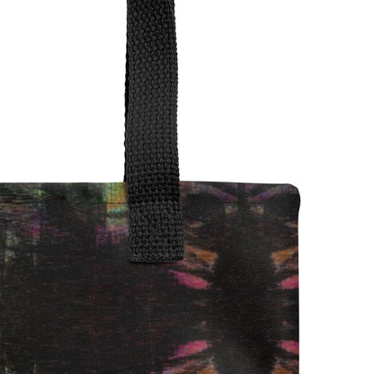 Hipyfi Chromatic Dreams Tote Bag: Vibrant abstract art unisex tote with bold brushstrokes in purple, blue, and orange. Sustainably made, gender-neutral design for everyday style. Black product-details