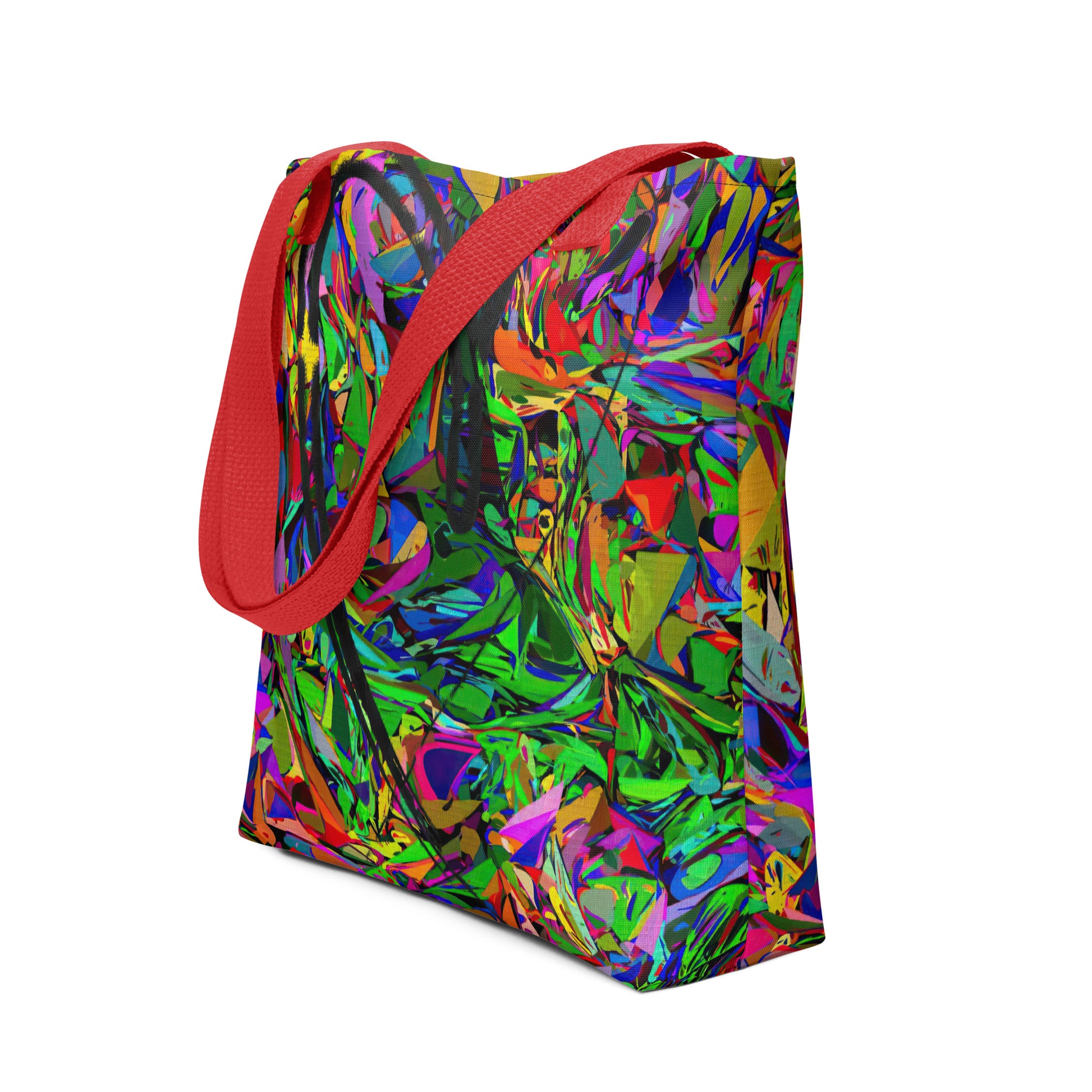 Neon Mythos abstract canvas tote bag with vibrant street art print by Hipyfi Clothes & Design, unisex and eco-friendly. Red-front-5