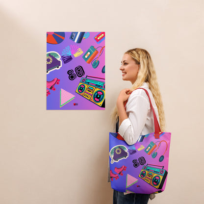 Hipyfi 80s Retro Neon Pop Tote Bag featuring vibrant geometric design and cassette tape icons, eco-friendly, with durable cotton denim handles. Red-front