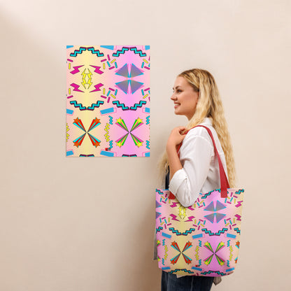 Hipyfi Memphis Style 80s Tote Bag - Geometric Retro Design with vibrant pastel gradient and bold abstract patterns Red-Front