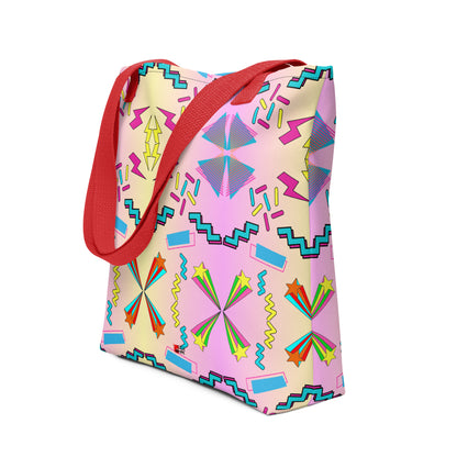 Hipyfi Memphis Style 80s Tote Bag - Geometric Retro Design with vibrant pastel gradient and bold abstract patterns Red-Front-4