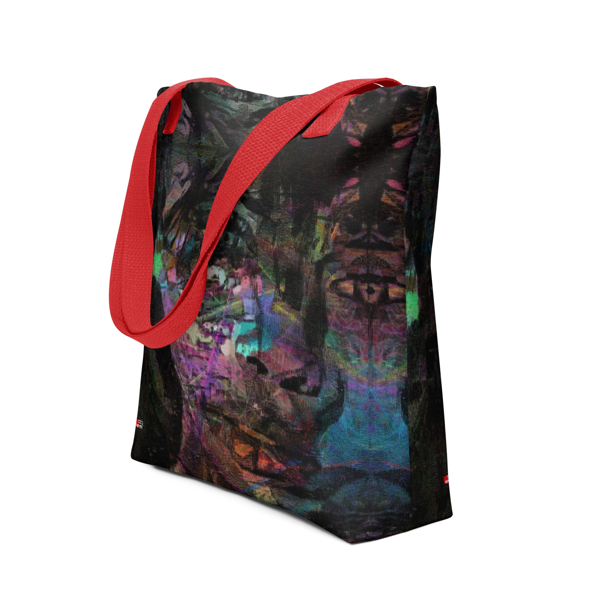 Hipyfi Chromatic Dreams Tote Bag: Vibrant abstract art unisex tote with bold brushstrokes in purple, blue, and orange. Sustainably made, gender-neutral design for everyday style. Red front-4