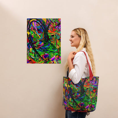 Neon Mythos abstract canvas tote bag with vibrant street art print by Hipyfi Clothes & Design, unisex and eco-friendly. Red-front-4