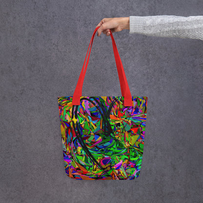Neon Mythos abstract canvas tote bag with vibrant street art print by Hipyfi Clothes & Design, unisex and eco-friendly. Red-front-3